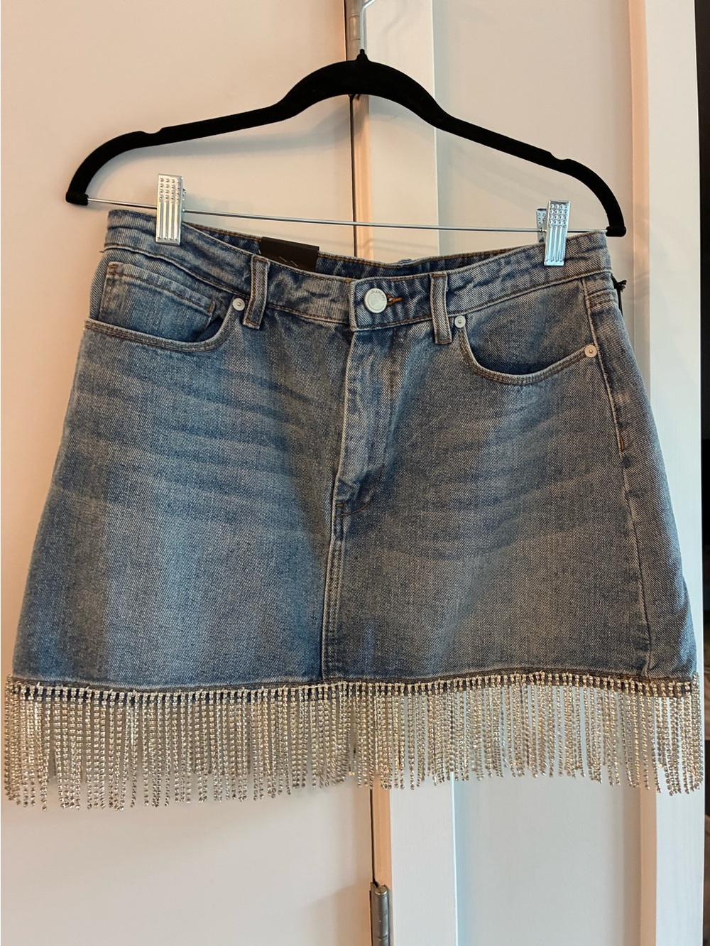 Blank NYC Light Blue Denim Mini Skirt with Silver Fringe